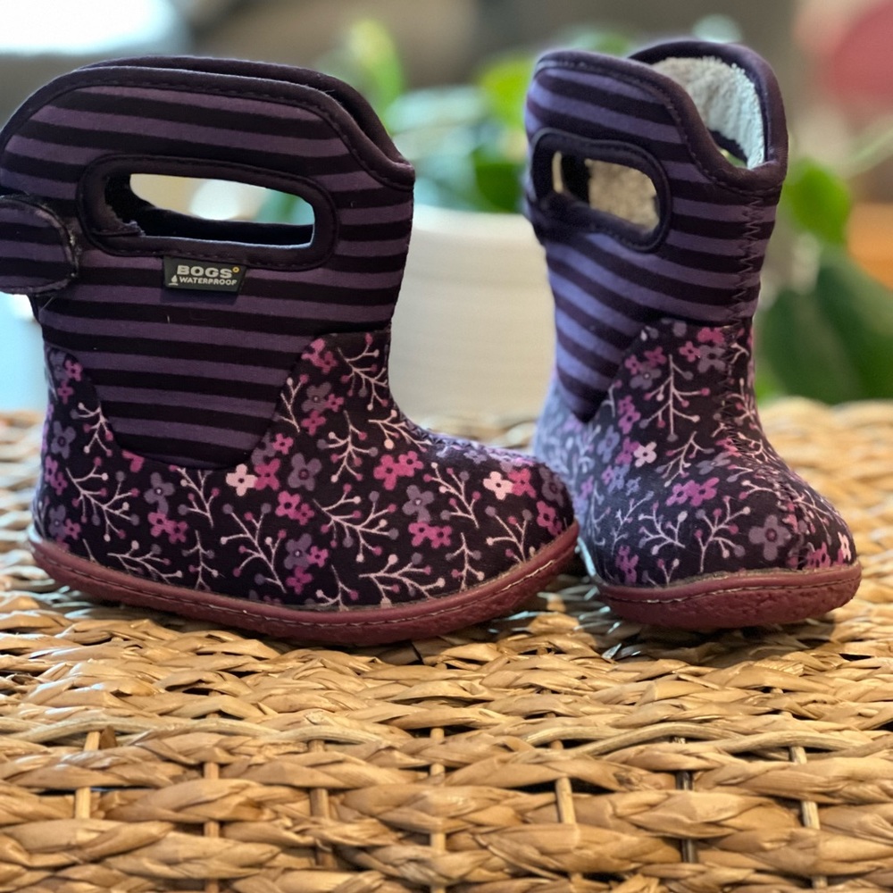 Girls baby bogs waterproof boots flower stripe purple infant 4